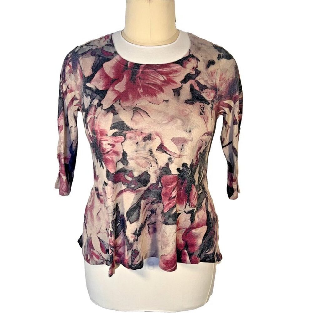 Style & Co Knit Top Women's PXL Half Sleeve Pink Beige Gray Floral Scoop Neck